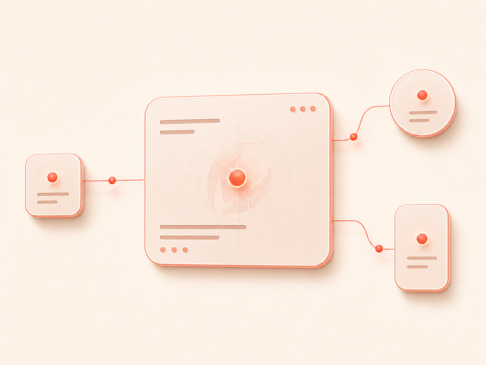 A central agent card connected to three simple channel nodes with coral lines