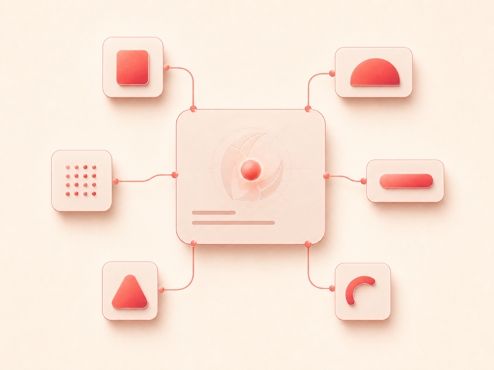 A central agent card connected to six geometric tool nodes with coral protocol traces