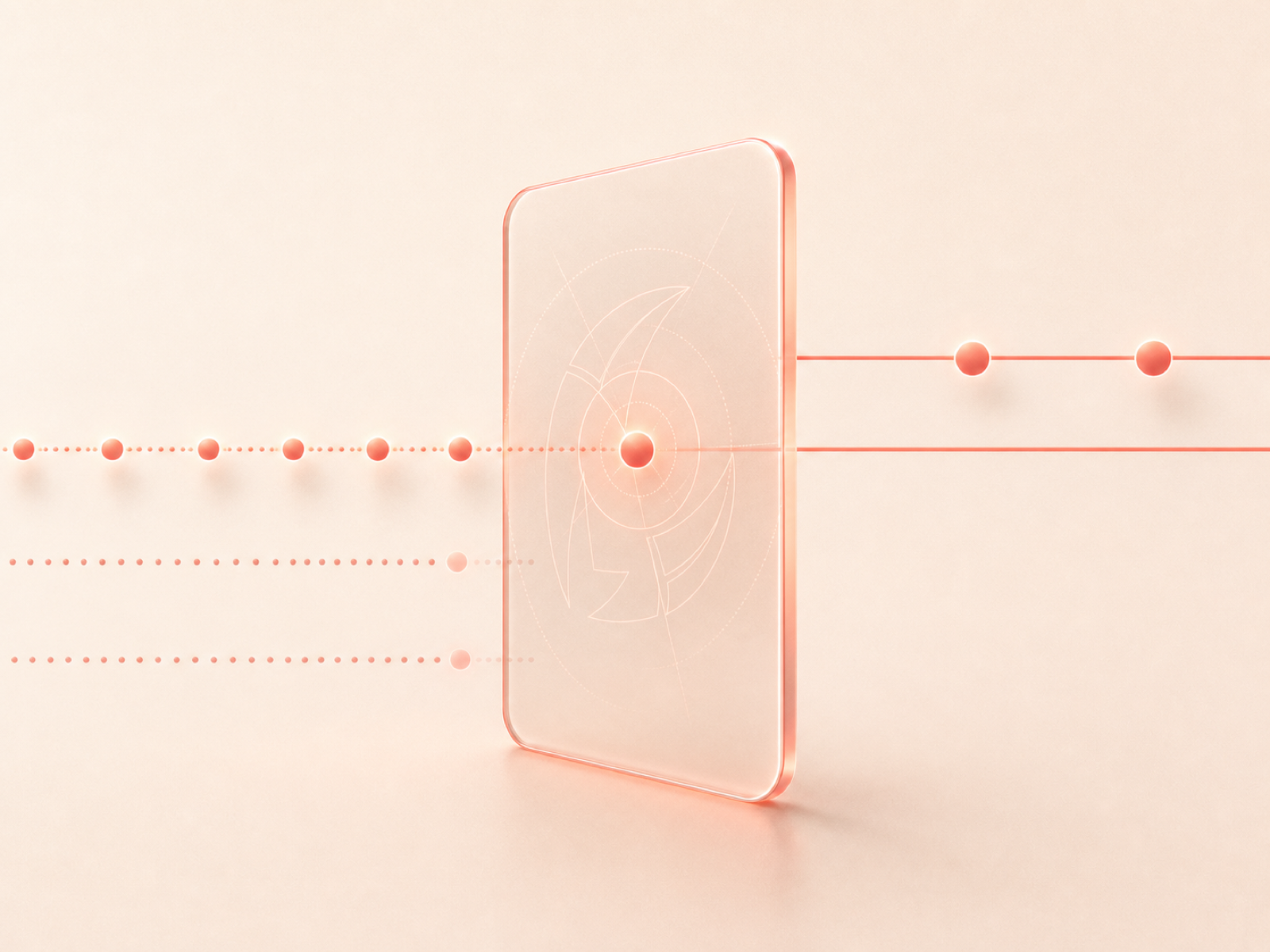 A coral network path filtered through a translucent gate with allowed dots passing and blocked traces fading