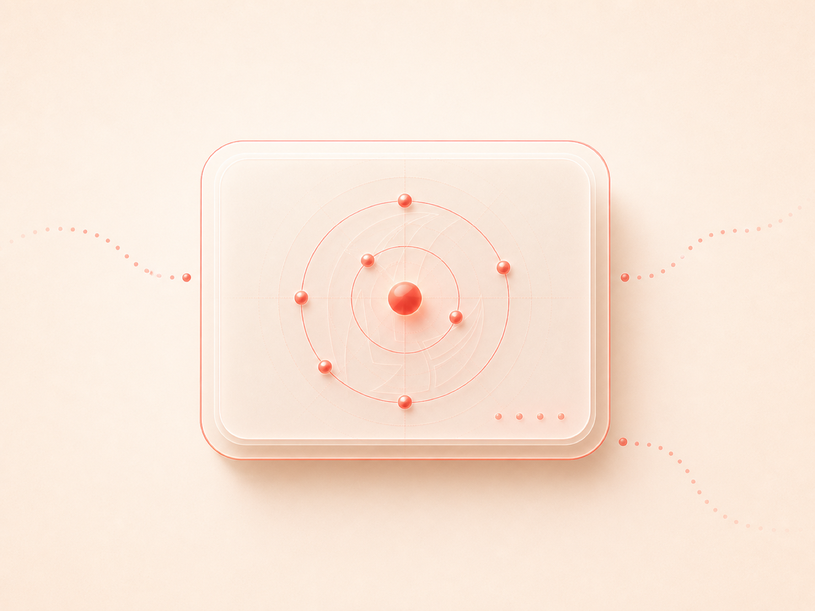 A contained local workspace card with data dots orbiting inside and fading external paths that never leave